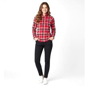 Eddie Bauer Ladies' Quarter Zip Pullover Fleece Ultrasoft 1/4 Zip Red Plaid XL